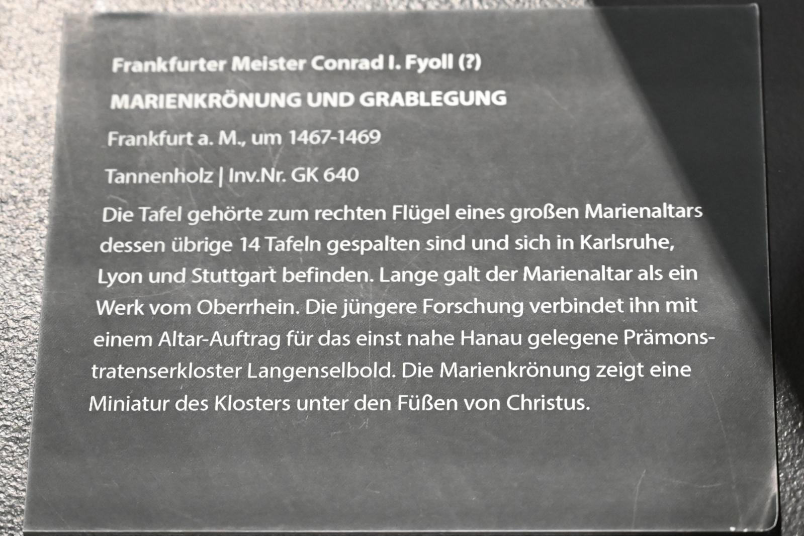 Conrad Fyoll (1468), Marienkrönung und Grablegung, Langenselbold, ehem. Kloster Selbold, jetzt Darmstadt, Hessisches Landesmuseum, Saal 15, um 1467–1469, Bild 3/4