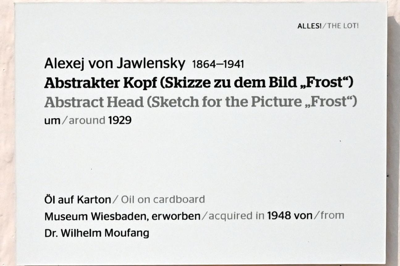Alexej von Jawlensky (1893–1938), Abstrakter Kopf (Skizze zu dem Bild "Frost"), Wiesbaden, Museum Wiesbaden, Ausstellung "Alles! 100 Jahre Jawlensky in Wiesbaden" vom 17.09.-26.06.2022, Saal 2, um 1929, Bild 2/2