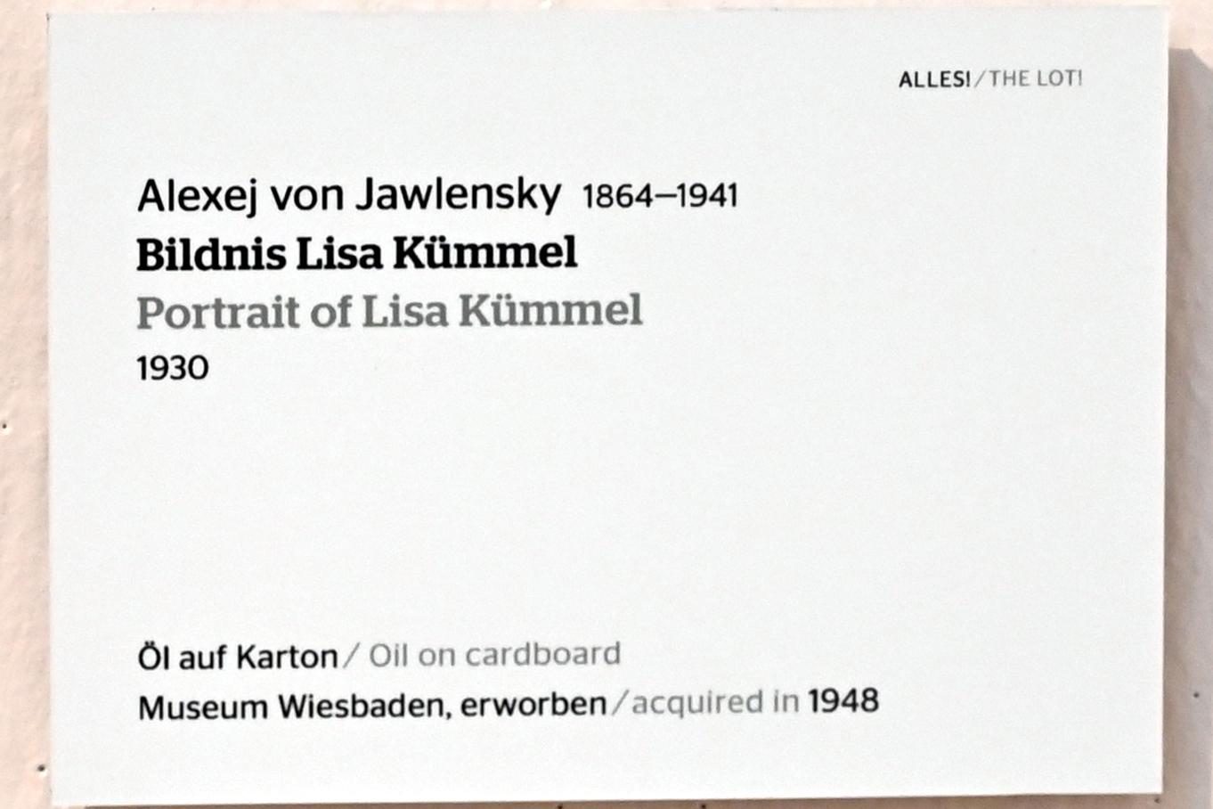 Alexej von Jawlensky (1893–1938), Bildnis Lisa Kümmel, Wiesbaden, Museum Wiesbaden, Ausstellung "Alles! 100 Jahre Jawlensky in Wiesbaden" vom 17.09.-26.06.2022, Saal 2, 1930, Bild 2/2