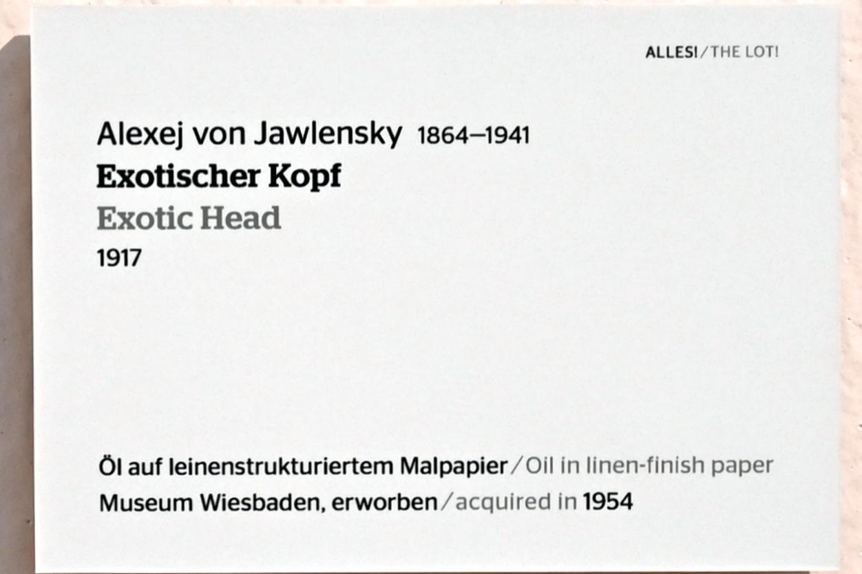 Alexej von Jawlensky (1893–1938), Exotischer Kopf, Wiesbaden, Museum Wiesbaden, Ausstellung "Alles! 100 Jahre Jawlensky in Wiesbaden" vom 17.09.-26.06.2022, Saal 5, 1917, Bild 2/2
