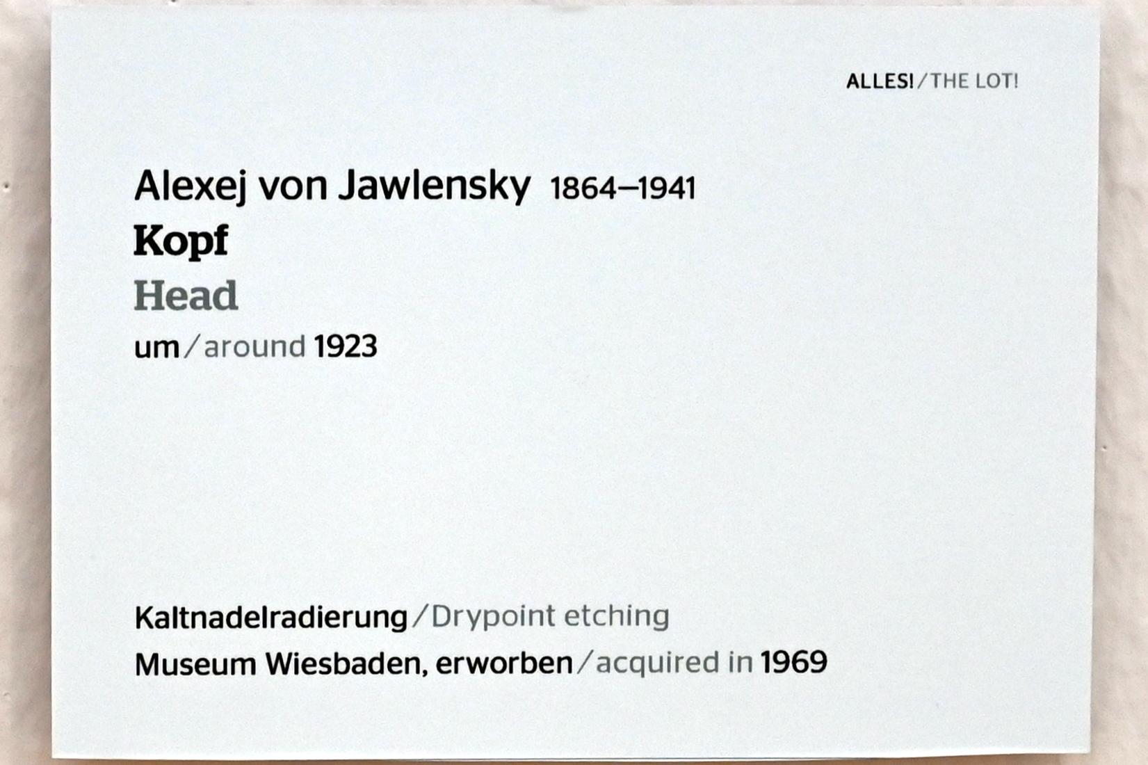 Alexej von Jawlensky (1893–1938), Kopf, Wiesbaden, Museum Wiesbaden, Ausstellung "Alles! 100 Jahre Jawlensky in Wiesbaden" vom 17.09.-26.06.2022, Saal 7, um 1923, Bild 2/2