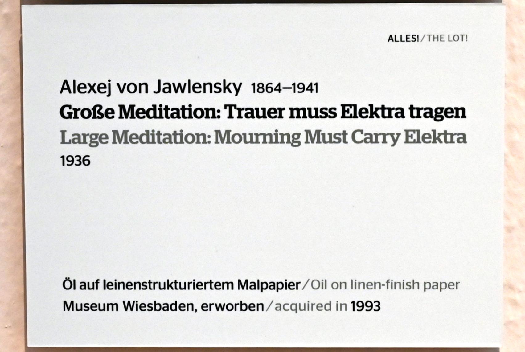 Alexej von Jawlensky (1893–1938), Große Meditation: Trauer muss Elektra tragen, Wiesbaden, Museum Wiesbaden, Ausstellung "Alles! 100 Jahre Jawlensky in Wiesbaden" vom 17.09.-26.06.2022, Saal 13, 1936, Bild 2/2