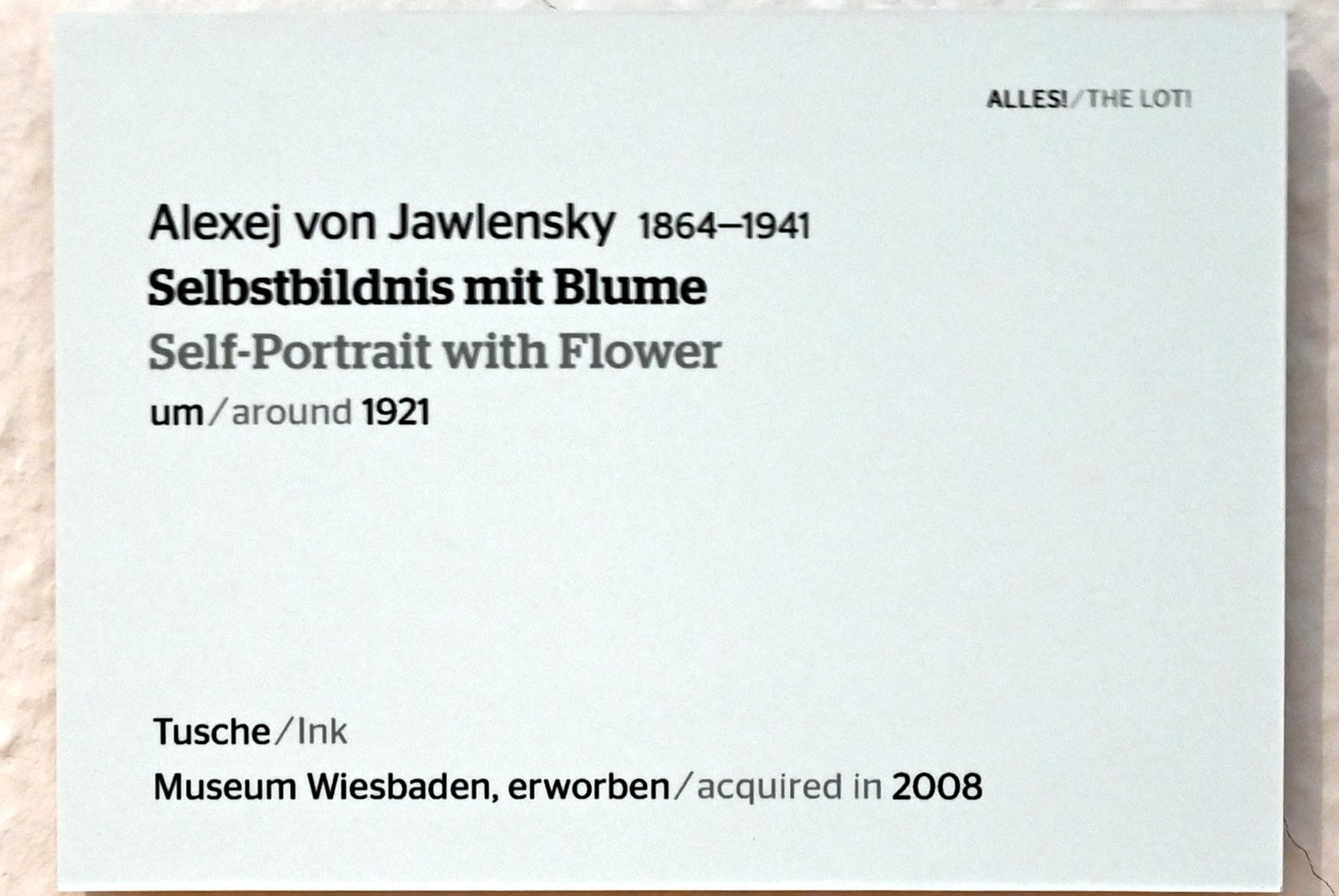 Alexej von Jawlensky (1893–1938), Selbstbildnis mit Blume, Wiesbaden, Museum Wiesbaden, Ausstellung "Alles! 100 Jahre Jawlensky in Wiesbaden" vom 17.09.-26.06.2022, Saal 13, um 1921, Bild 2/2