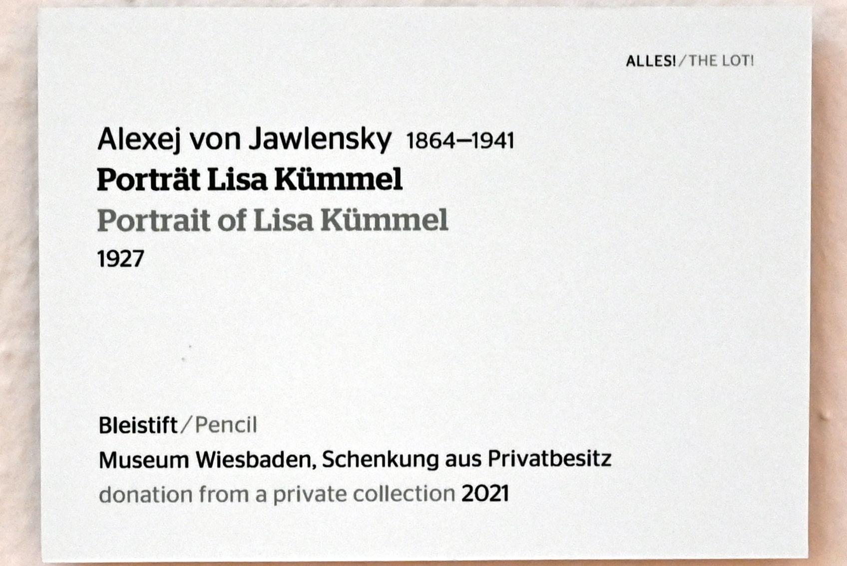 Alexej von Jawlensky (1893–1938), Porträt Lisa Kümmel, Wiesbaden, Museum Wiesbaden, Ausstellung "Alles! 100 Jahre Jawlensky in Wiesbaden" vom 17.09.-26.06.2022, Saal 15, 1927, Bild 2/2