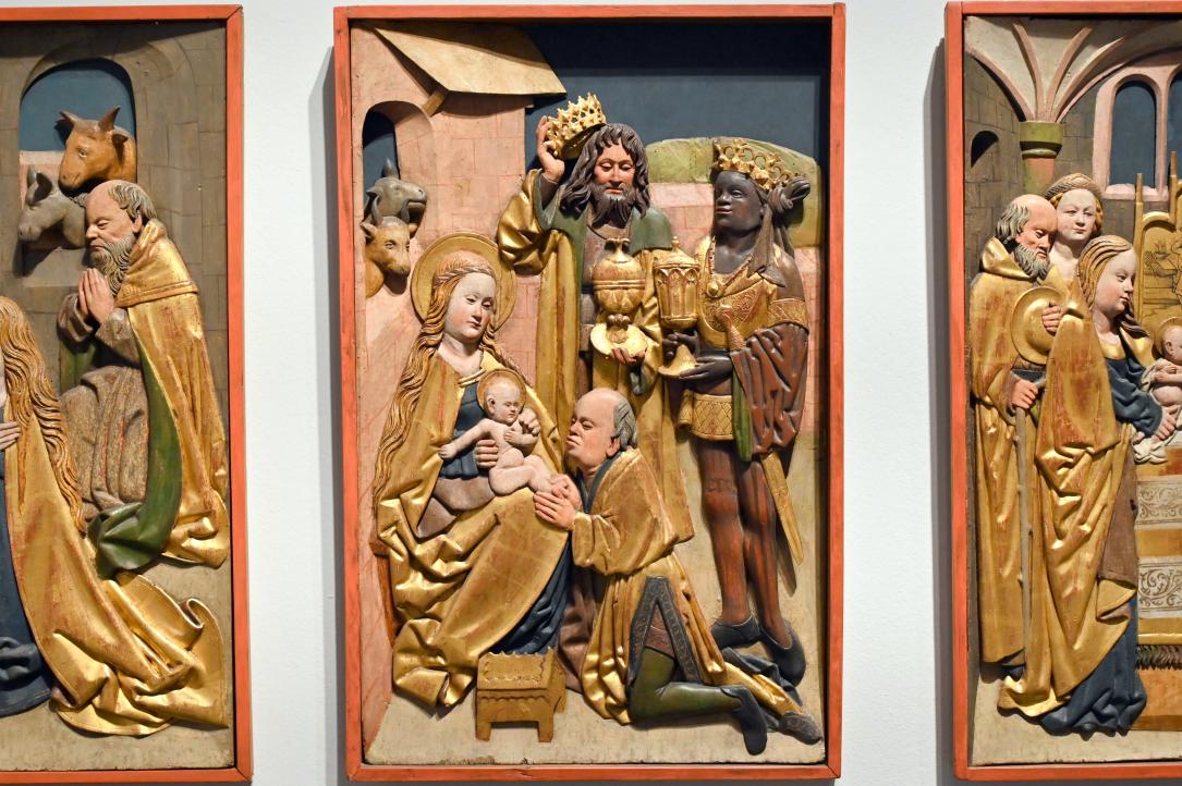 Vier Reliefs mit Szenen aus der Kindheit Christi, Oberauroff, Liebfrauenkirche, jetzt Wiesbaden, Museum Wiesbaden, Kirchensaal, um 1500–1510, Bild 4/6