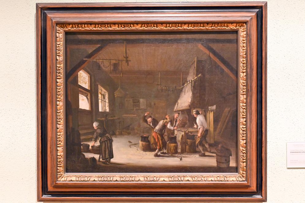 Cornelis Pietersz. Bega (1657–1663), Schmiedemeister in ihrer Werkstatt, Wiesbaden, Museum Wiesbaden, Das Goldene Zeitalter, Undatiert, Bild 1/2