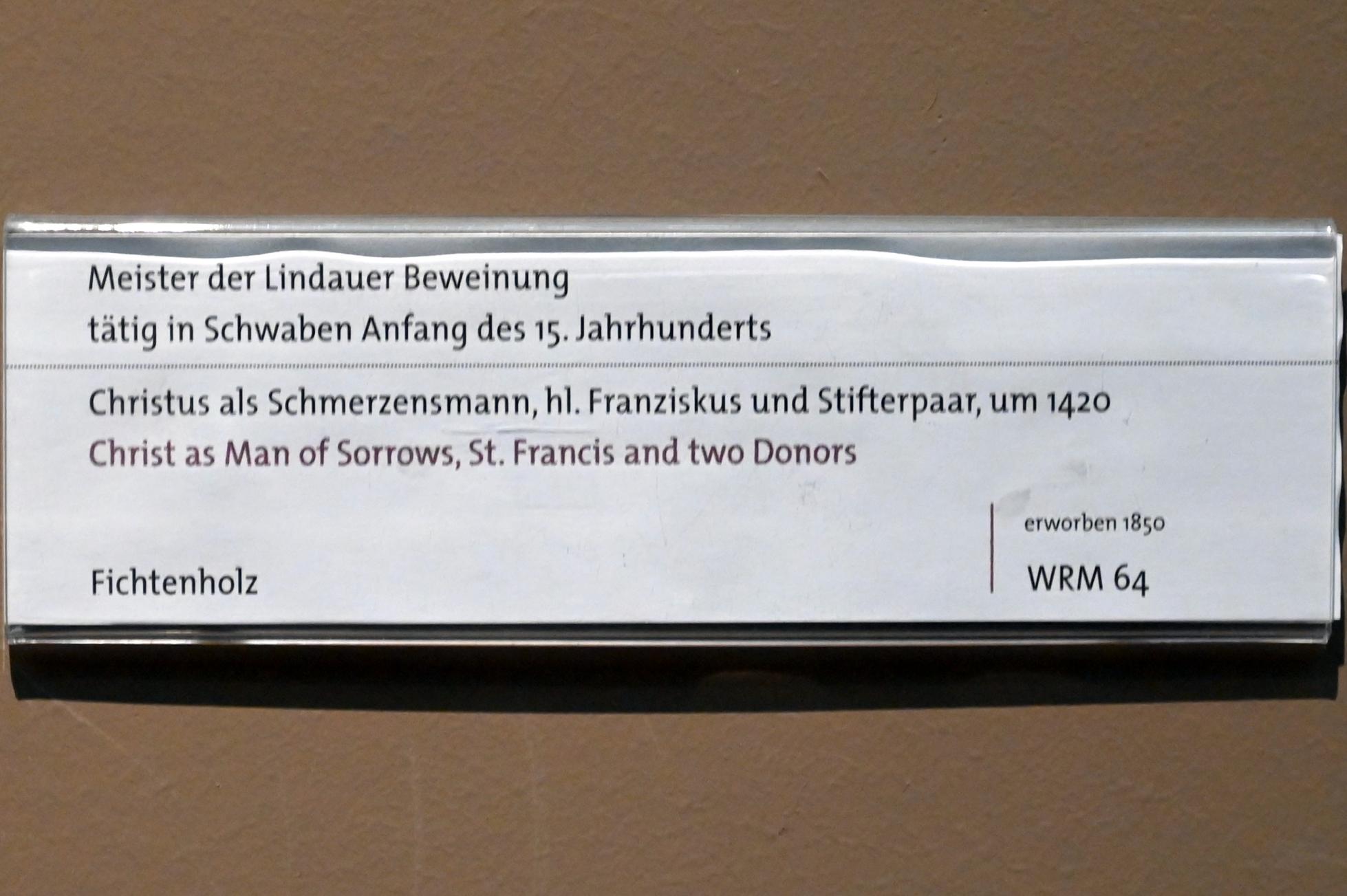 Meister der Lindauer Beweinung (1420), Christus als Schmerzensmann, hl. Franziskus und Stifterpaar, Köln, Wallraf-Richartz-Museum, Mittelalter - Saal 6, um 1420, Bild 2/2