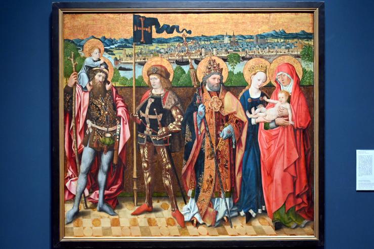 Meister der Verherrlichung Mariae (1470–1480), Anna selbdritt und die Hll. Christophorus, Gereon und Petrus, Köln, Wallraf-Richartz-Museum, Mittelalter - Saal 8, um 1480