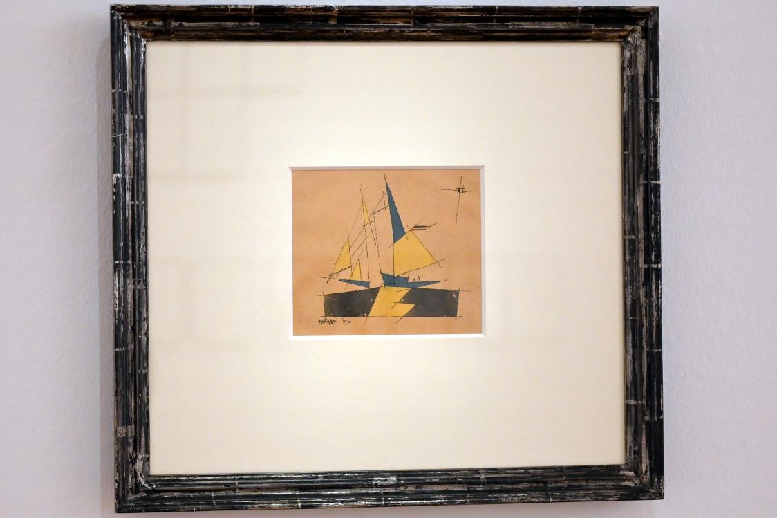Lyonel Feininger (1907–1940), Blaues und gelbes Segelboot, Schwäbisch Hall, Kunsthalle Würth, Ausstellung "Sport, Spaß und Spiel" vom 13.12.2021 - 26.02.2023, Obergeschoß, 1934, Bild 1/2