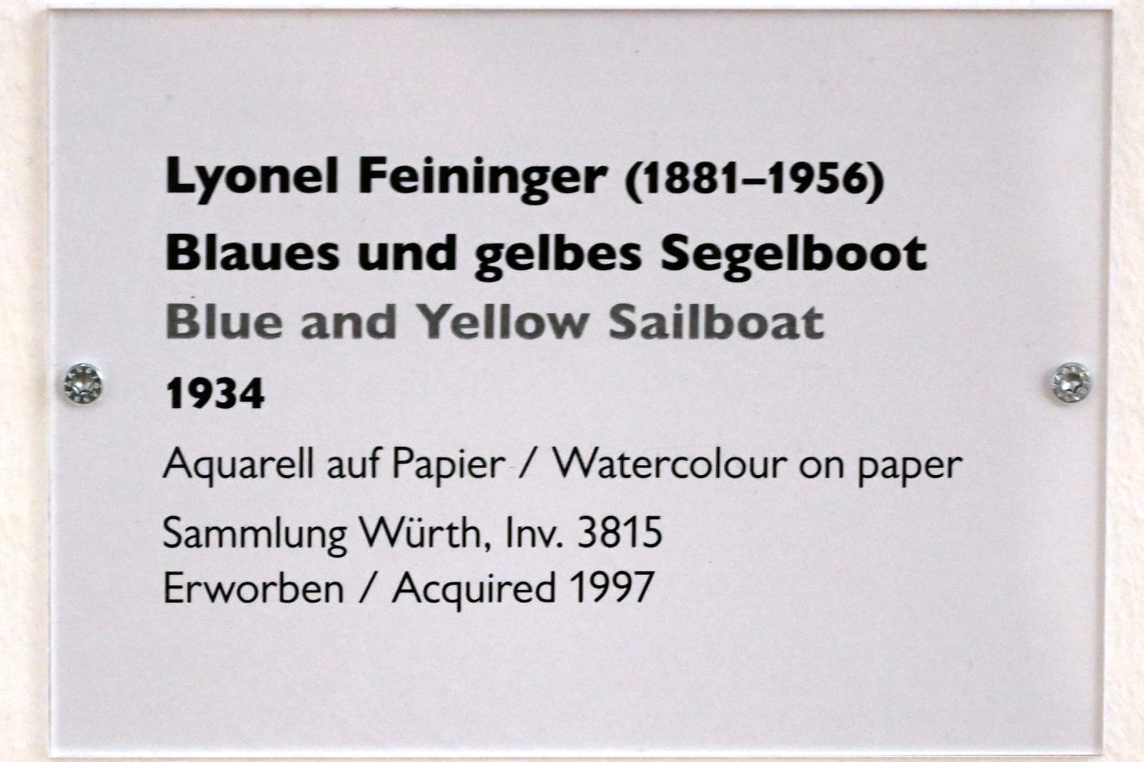 Lyonel Feininger (1907–1940), Blaues und gelbes Segelboot, Schwäbisch Hall, Kunsthalle Würth, Ausstellung "Sport, Spaß und Spiel" vom 13.12.2021 - 26.02.2023, Obergeschoß, 1934, Bild 2/2