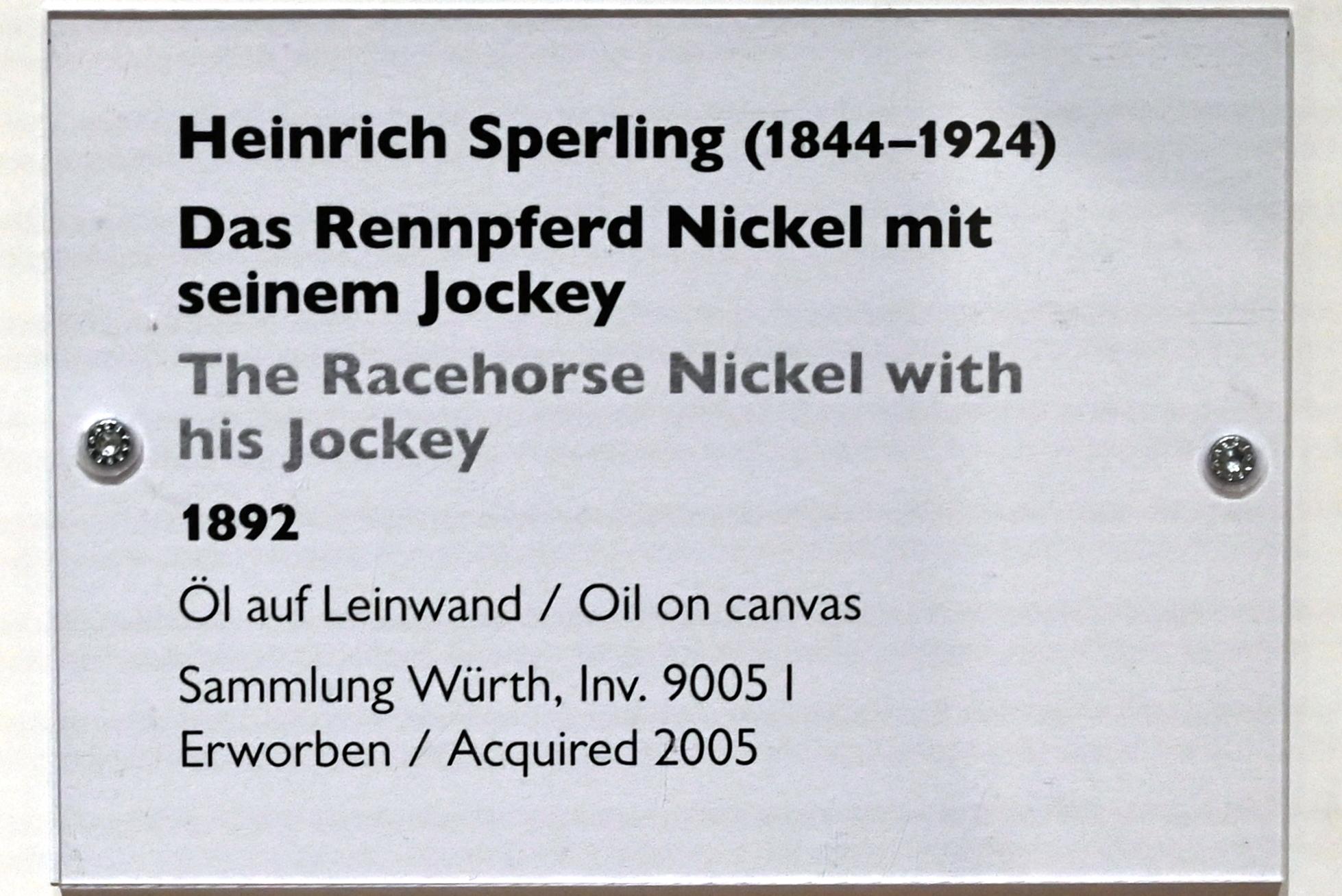Heinrich Sperling (1892), Das Rennpferd Nickel mit seinem Jockey, Schwäbisch Hall, Kunsthalle Würth, Ausstellung "Sport, Spaß und Spiel" vom 13.12.2021 - 26.02.2023, Untergeschoß, 1892, Bild 2/2