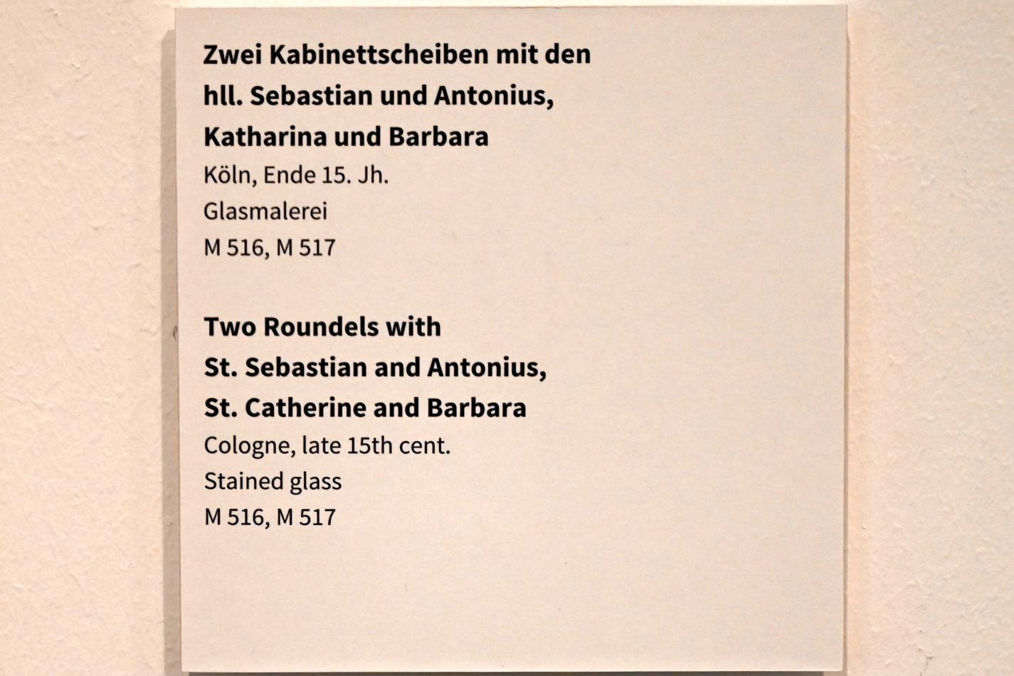 Zwei Kabinettscheiben mit den hll.  Sebastian und Antonius, Katharina und Barbara, Köln, Museum Schnütgen, Saal 3, Ende 15. Jhd., Bild 2/2