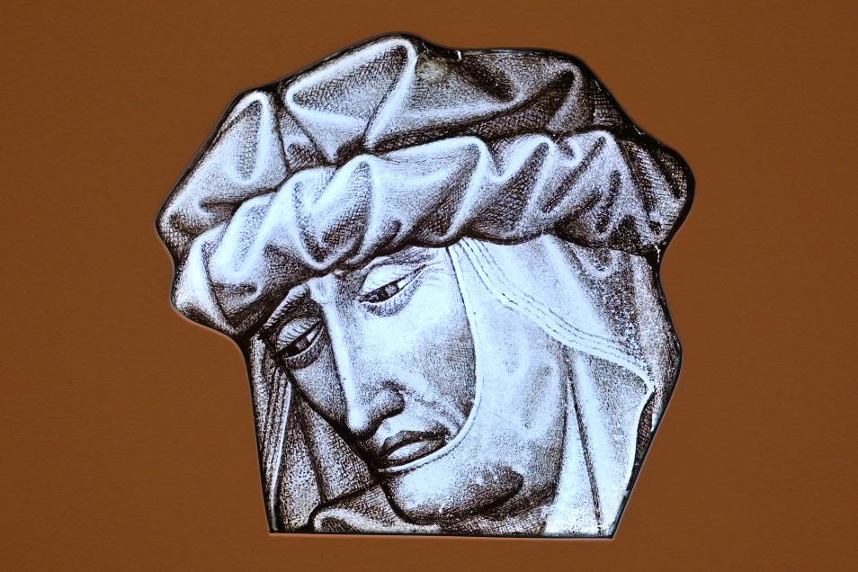 Frauenkopf mit Haube, Kinnbinde und Schleier, Dijon, Sainte-Chapelle, jetzt Köln, Museum Schnütgen, Saal 7, um 1430–1450