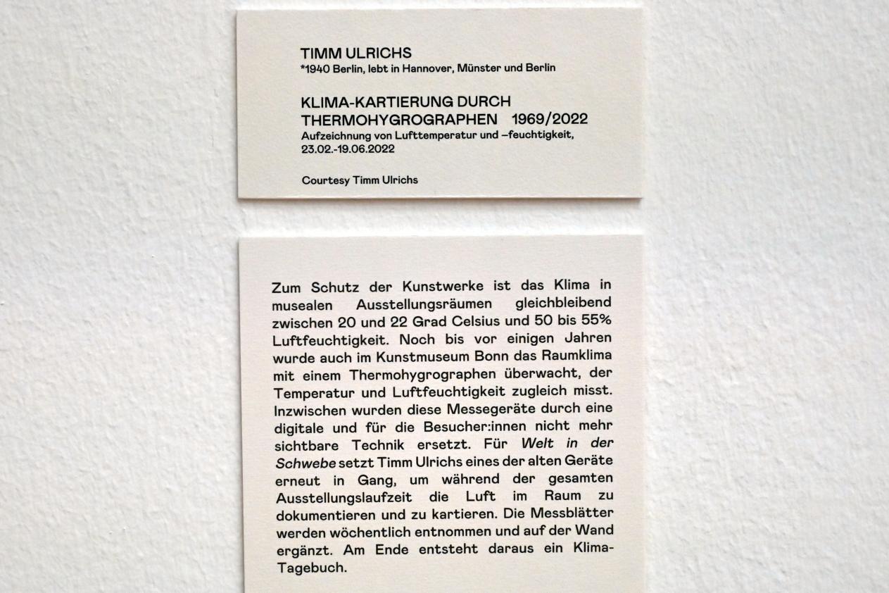Timm Ulrichs (1966–1976), Klima-Kartierung durch Thermohygrographen, Bonn, Kunstmuseum, Ausstellung "Welt in der Schwebe" vom 24.02. - 19.06.2022, Saal 6, 1969, Bild 2/2