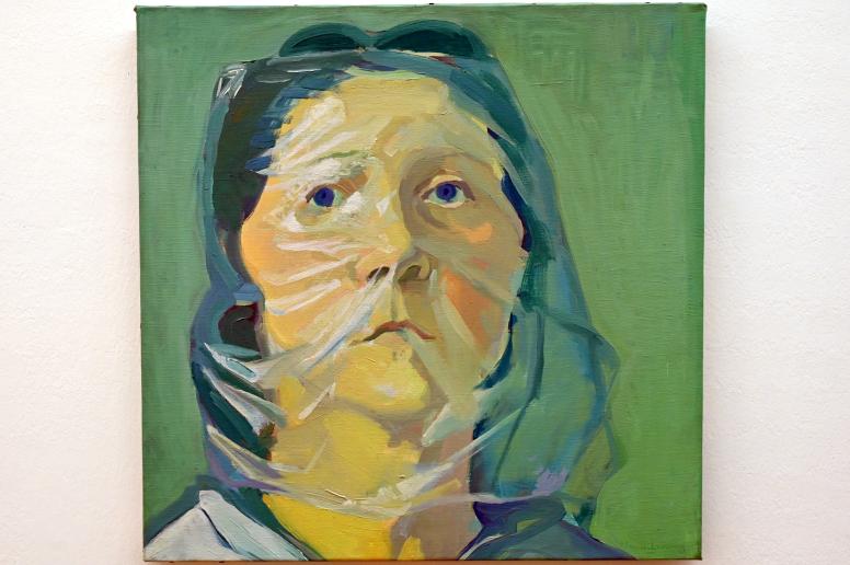 Maria Lassnig (1945–2011), Selbstporträt unter Plastik, Bonn, Kunstmuseum, Ausstellung "Maria Lassnig - Wach bleiben" vom 10.02. - 08.05.2022, Saal 1, 1972, Bild 1/2