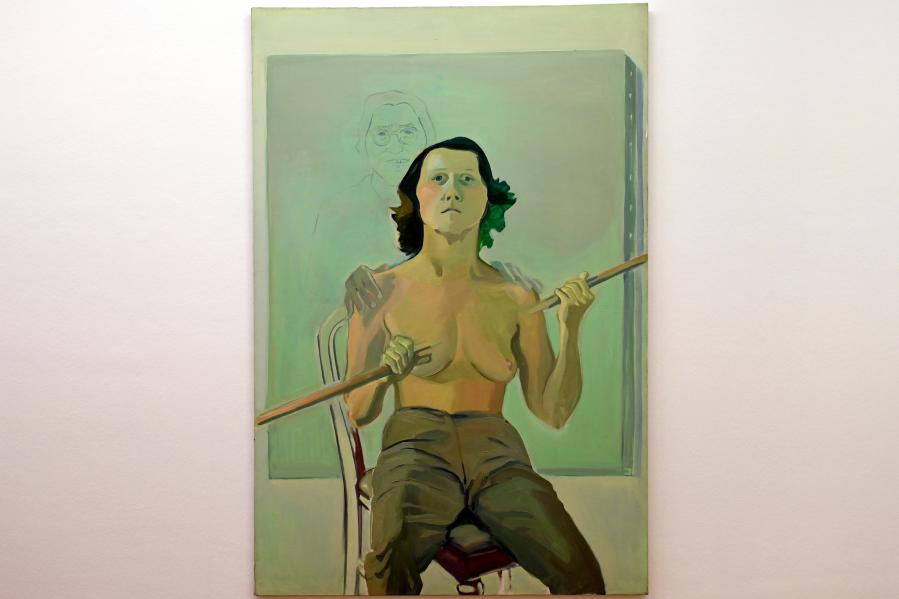 Maria Lassnig (1945–2011), Selbstporträt mit Stab, Bonn, Kunstmuseum, Ausstellung "Maria Lassnig - Wach bleiben" vom 10.02. - 08.05.2022, Saal 5, 1971, Bild 1/2