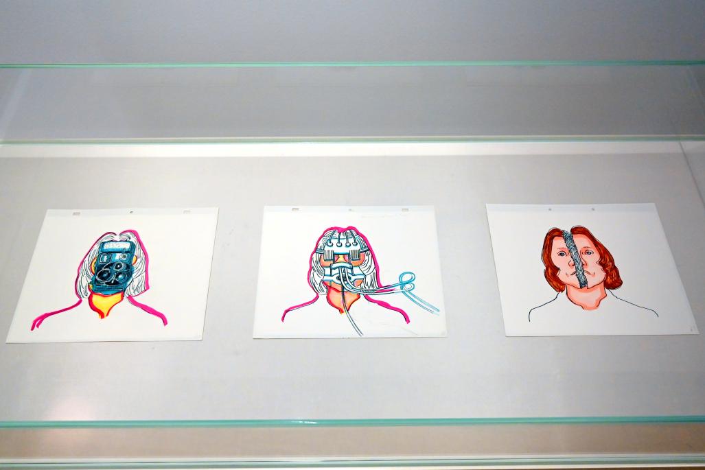Maria Lassnig (1945–2011), Zeichnungen für den Film Selfportrait, Bonn, Kunstmuseum, Ausstellung "Maria Lassnig - Wach bleiben" vom 10.02. - 08.05.2022, Saal 6, 1971, Bild 1/3
