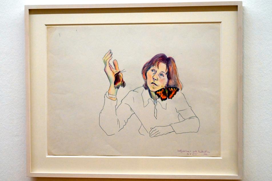 Maria Lassnig (1945–2011), Selbstportrait mit Schmetterlingen, Bonn, Kunstmuseum, Ausstellung "Maria Lassnig - Wach bleiben" vom 10.02. - 08.05.2022, Saal 6, 1975, Bild 1/2