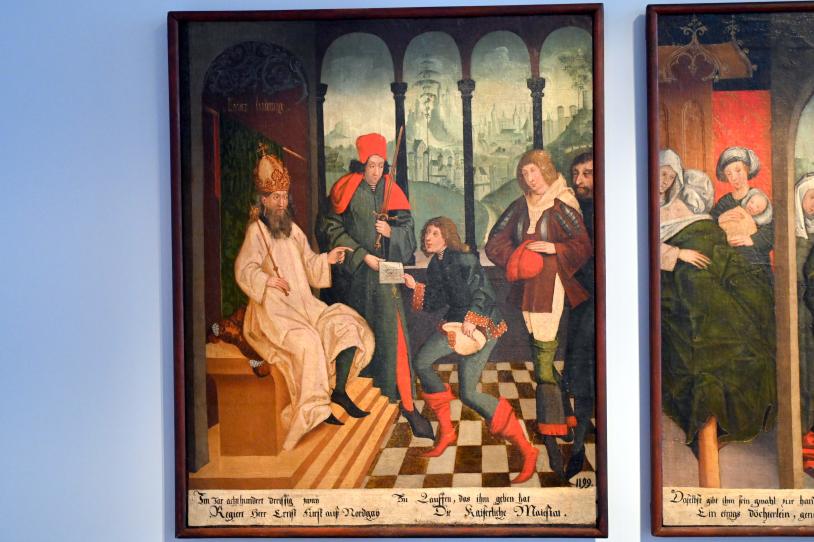 Legende der heiligen Regiswindis: ihr Vater Grenzgraf Ernst von Bayern erhält die Lehnschaft Lauffen, Stuttgart, Landesmuseum Württemberg, Mittelalter, um 1620