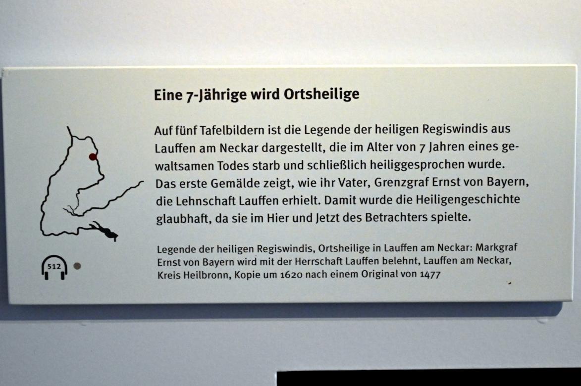 Legende der heiligen Regiswindis: ihr Vater Grenzgraf Ernst von Bayern erhält die Lehnschaft Lauffen, Stuttgart, Landesmuseum Württemberg, Mittelalter, um 1620, Bild 2/2