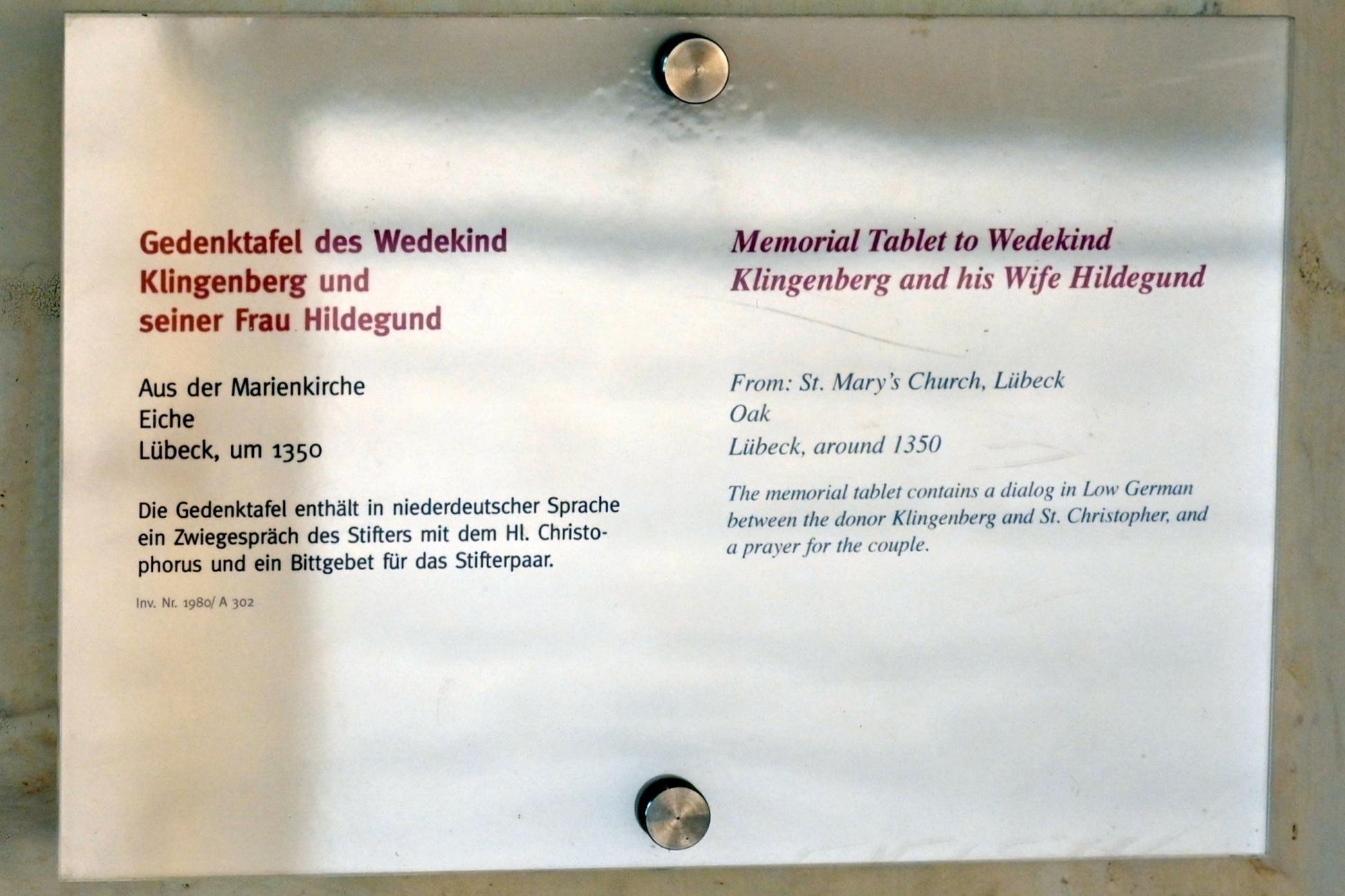 Gedenktafel des Wedekind Klingenberg und seiner Frau Hildegund, Lübeck, Marienkirche, jetzt Lübeck, St. Annen-Museum, Saal 2, um 1350, Bild 2/2