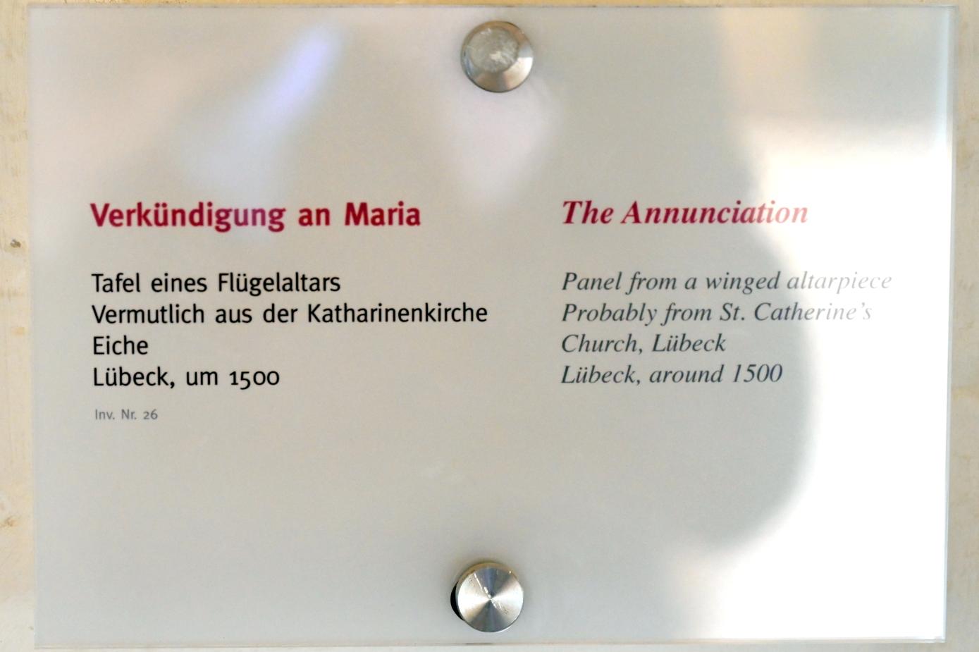 Verkündigung an Maria, Lübeck, Katharinenkirche, jetzt Lübeck, St. Annen-Museum, Saal 8, um 1500, Bild 2/2