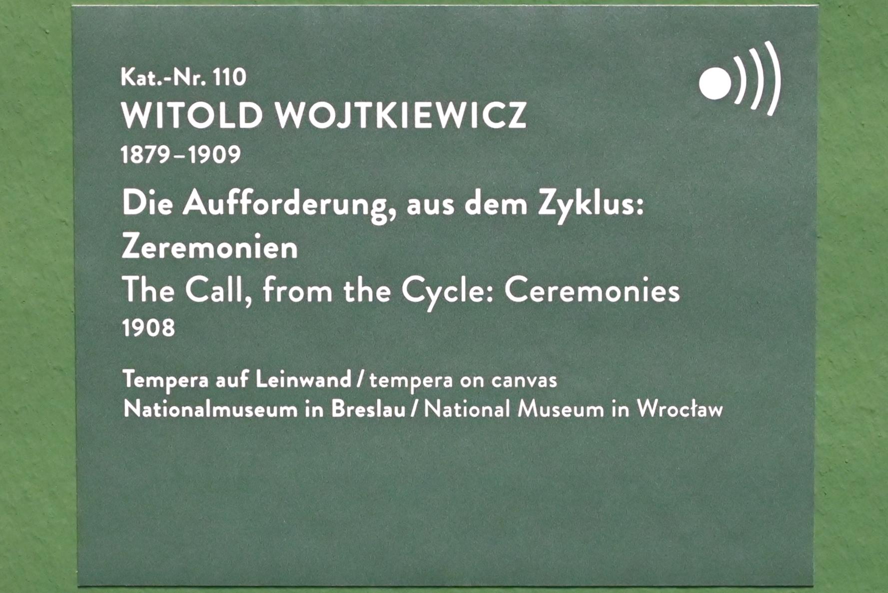 Witold Wojtkiewicz (1904–1909), Die Aufforderung, aus dem Zyklus: Zeremonien, München, Kunsthalle, Ausstellung "Polnischer Symbolismus um 1900" vom 25.03.-07.08.2022, Saal 10 - Fantastische Welten, 1908, Bild 2/2