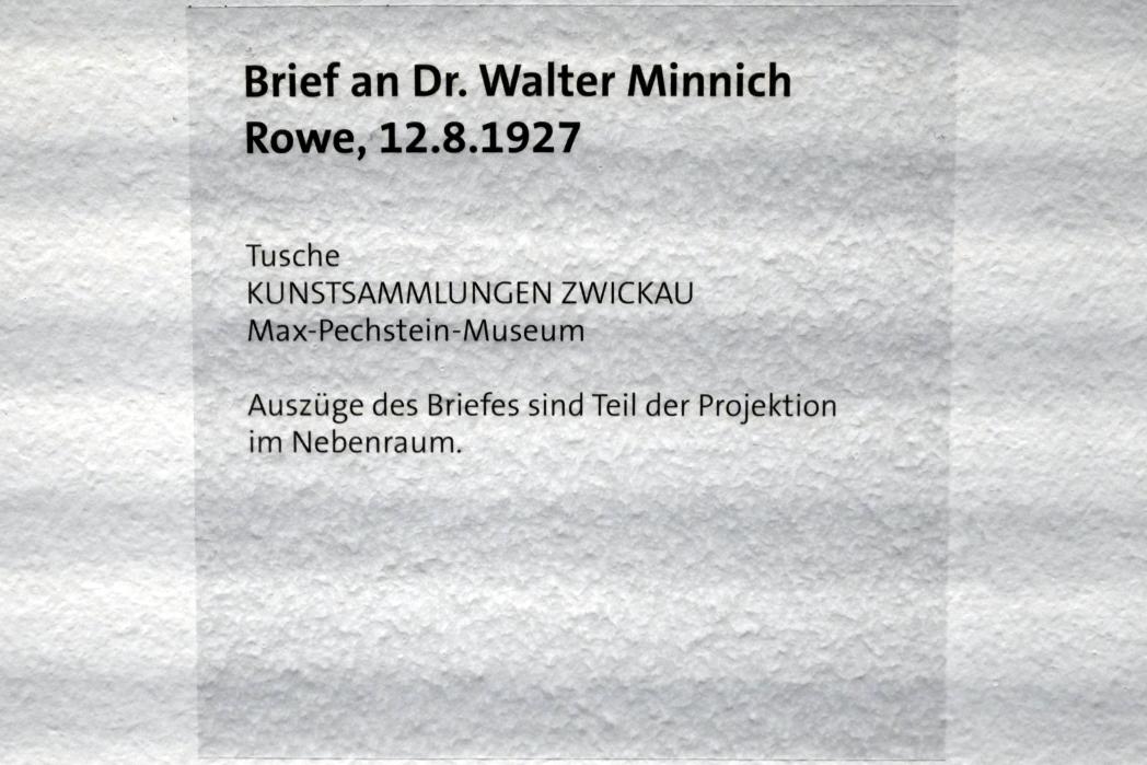 Max Pechstein (1895–1953), Brief an Dr. Walter Minnich Rowe, 12.8.1927, Zwickau, Kunstsammlungen, Max-Pechstein-Museum - Seegewohnheiten, 1927, Bild 2/3