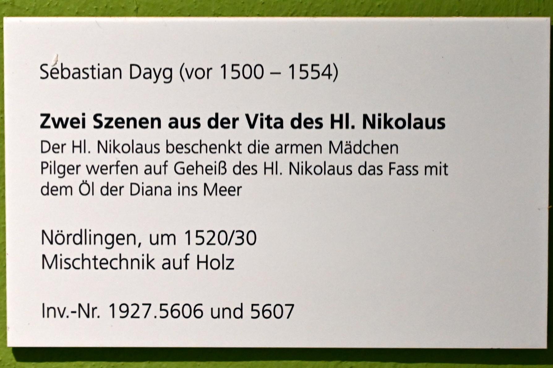 Sebastian Dayg (1525), Der Hl. Nikolaus beschenkt die armen Mädchen, Ulm, Museum Ulm, Saal 12f, um 1520–1530, Bild 2/2