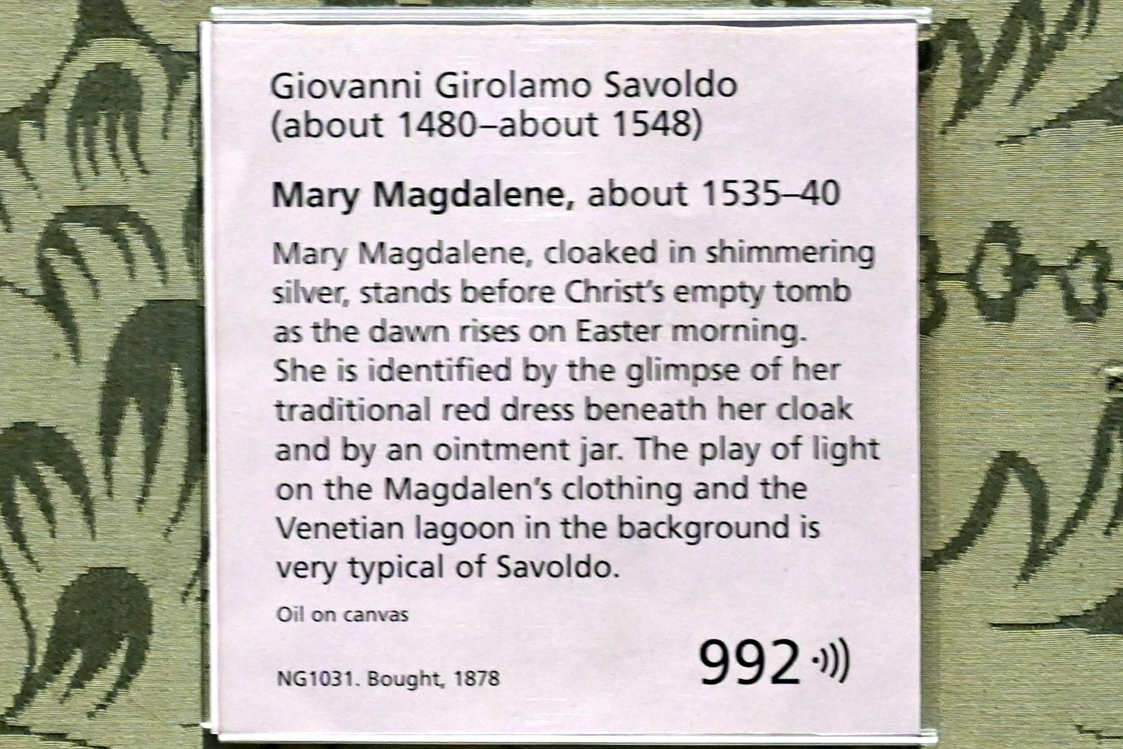 Giovanni Girolamo Savoldo (Girolamo da Brescia) (1516–1537), Maria Magdalena, London, National Gallery, Saal 9, um 1535–1540, Bild 2/2