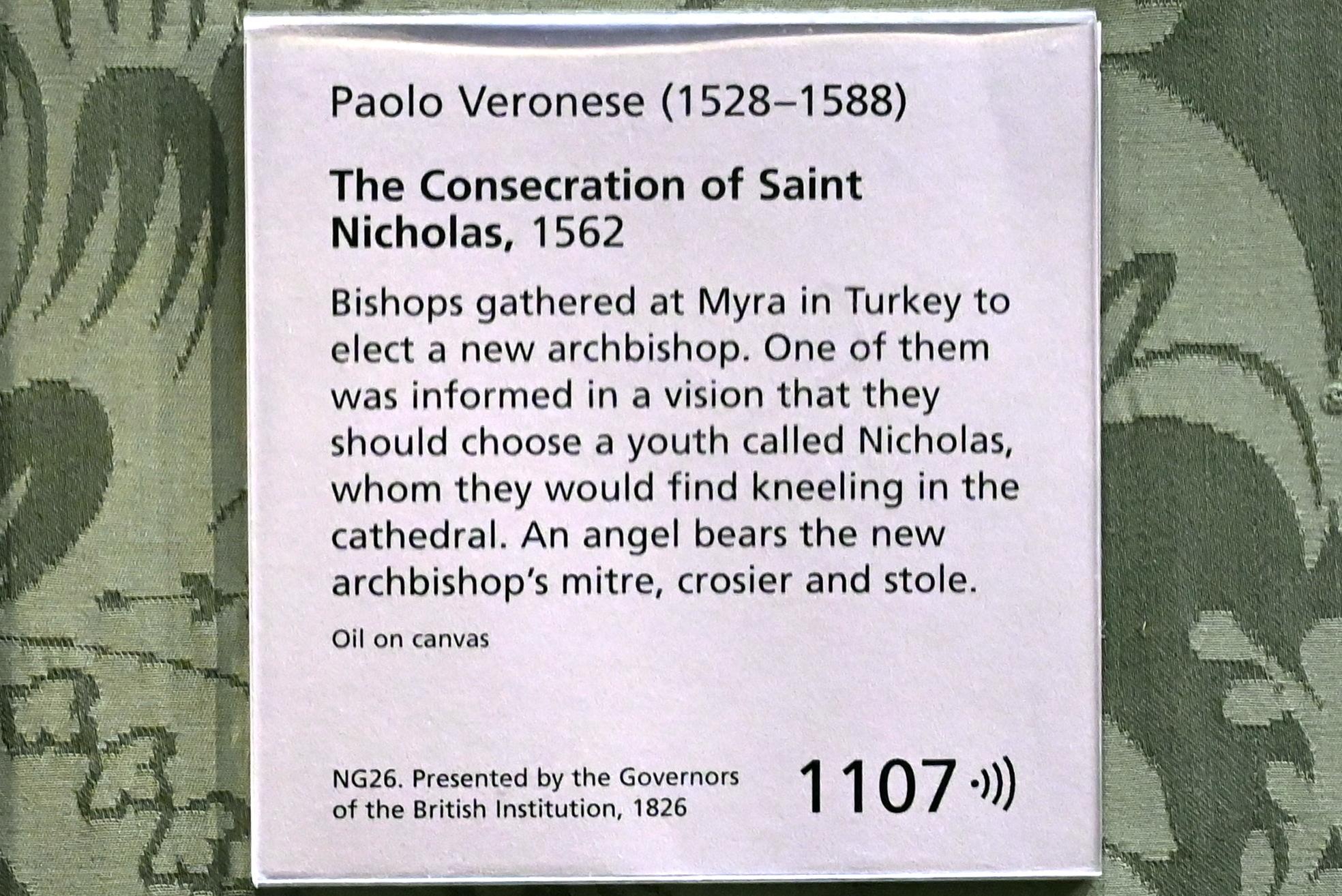 Paolo Caliari (Veronese) (1547–1587), Die Weihe des Heiligen Nikolaus, London, National Gallery, Saal 9, 1562, Bild 2/2