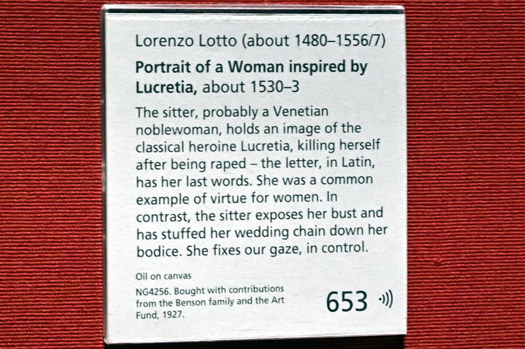 Lorenzo Lotto (1503–1549), Porträt einer Venezianerin als Lucrezia, London, National Gallery, Saal 12, um 1530–1533, Bild 2/2