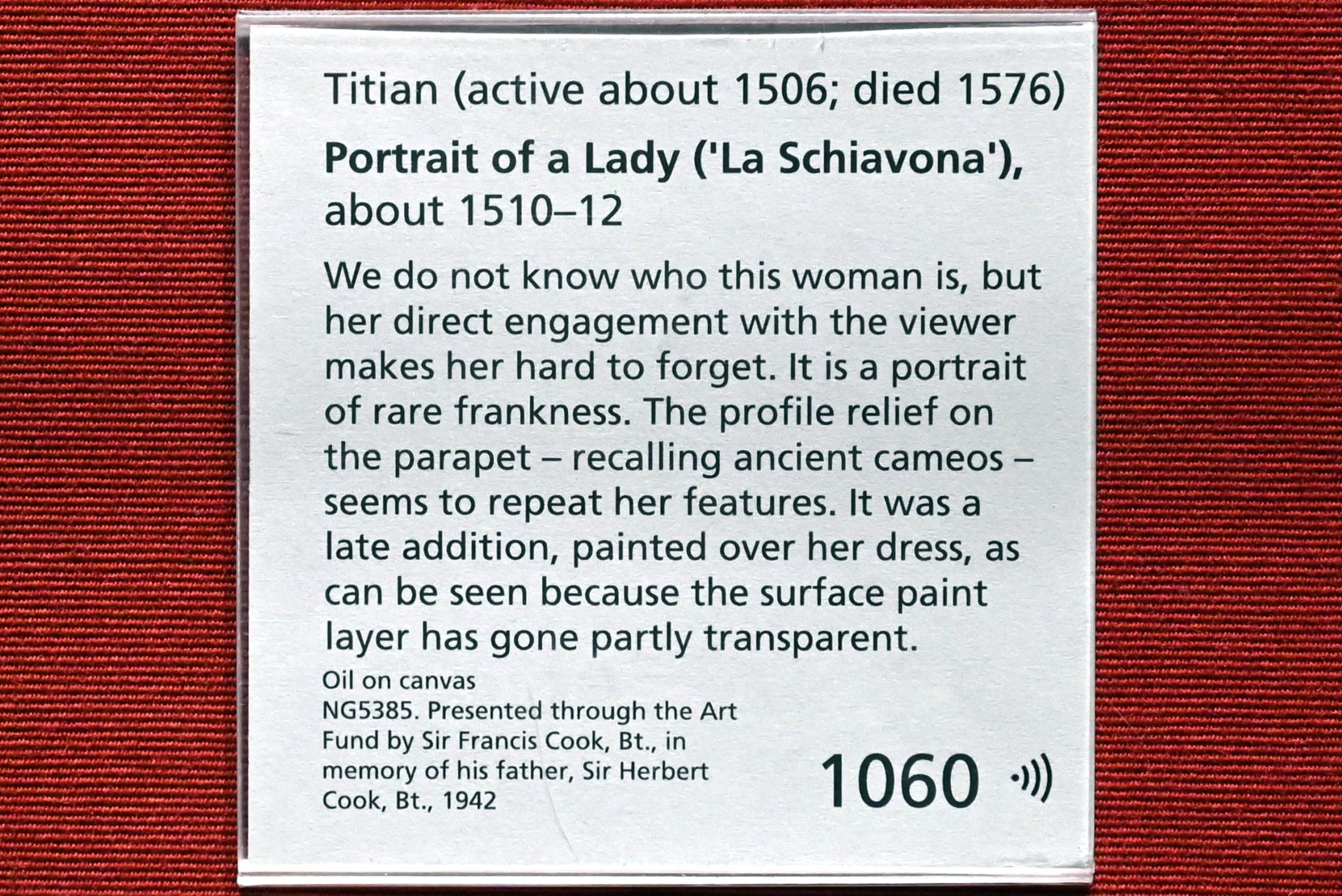 Tiziano Vecellio (Tizian) (1509–1575), Porträt einer Dame ("La Schiavona"), London, National Gallery, Saal 12, um 1510–1512, Bild 2/2