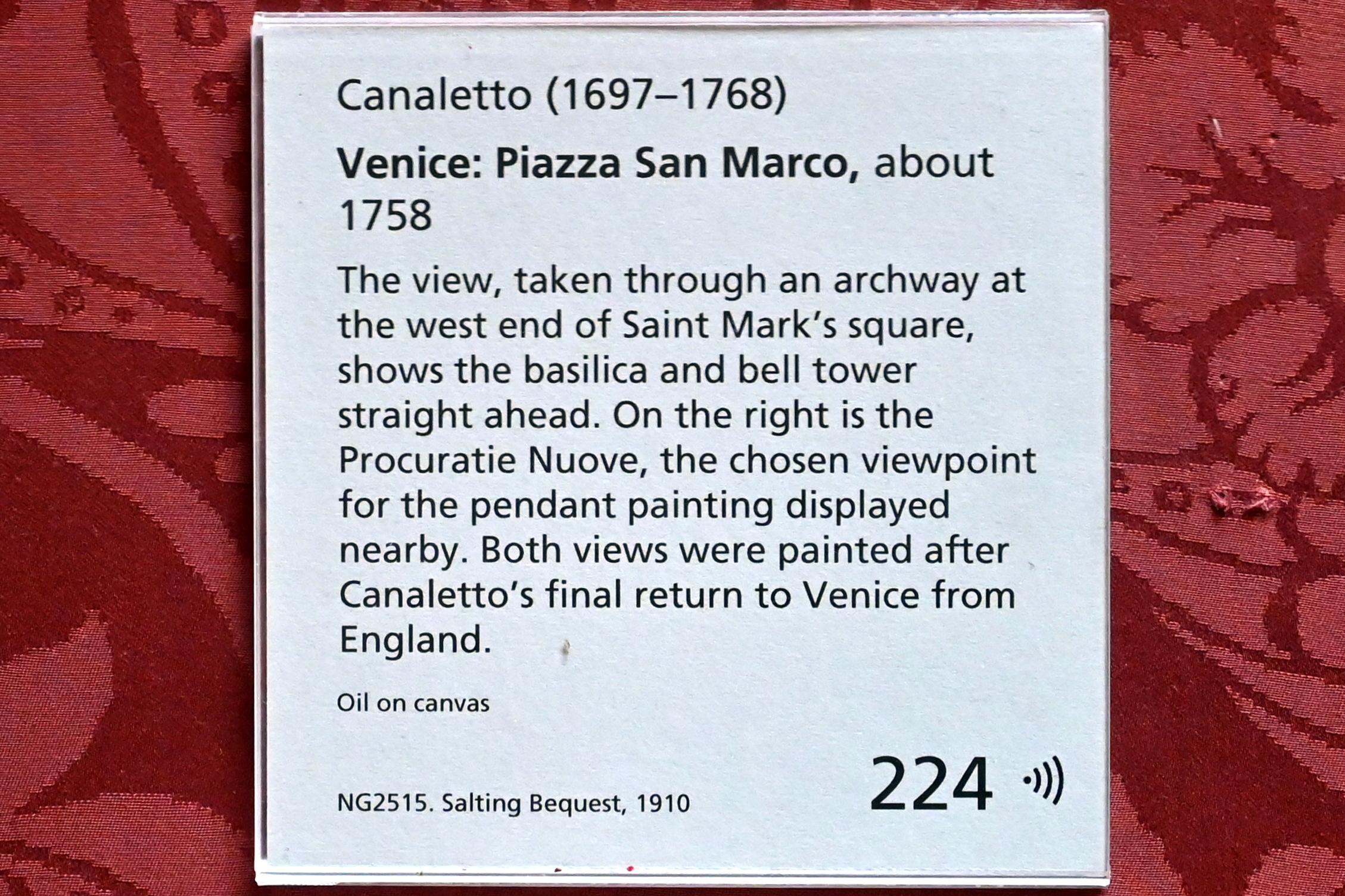 Giovanni Antonio Canal ("Canaletto") (1722–1765), Der Markusplatz (Piazza San Marco), London, National Gallery, Saal 38, um 1758, Bild 2/2