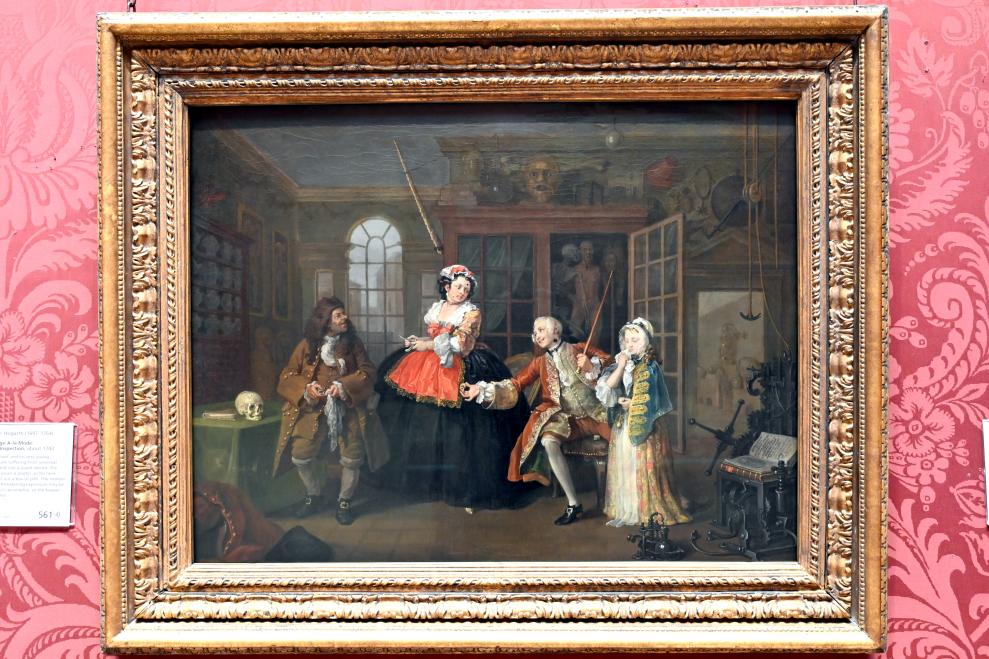 William Hogarth (1733–1743), Gemäldezyklus "Mariage à la Mode", Szene 3: Besuch beim Kurpfuscher, London, National Gallery, Saal 35, um 1743, Bild 1/2