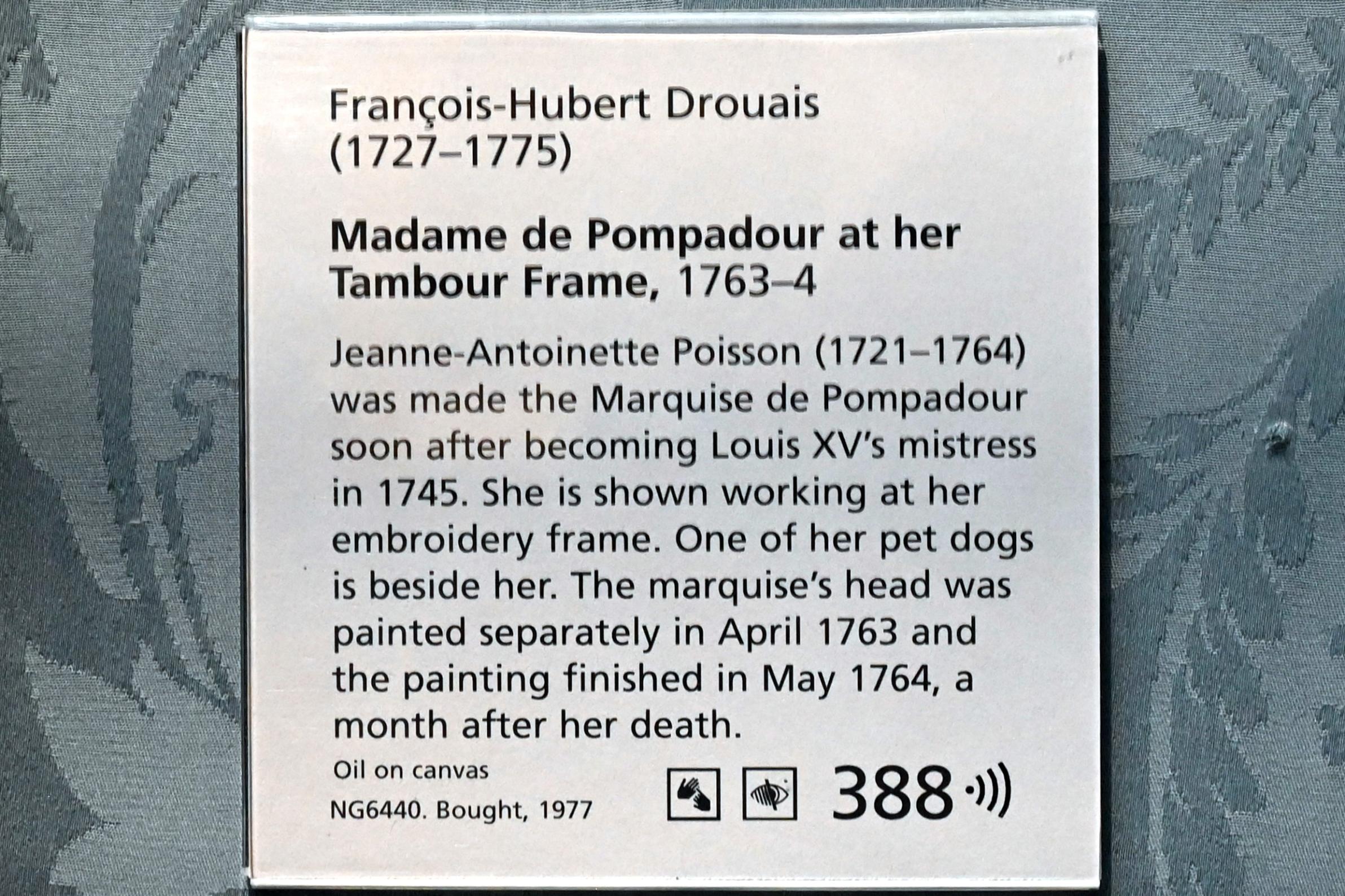François-Hubert Drouais (1737–1763), Madame de Pompadour an ihrem Stickrahmen, London, National Gallery, Saal 33, 1763–1764, Bild 2/2