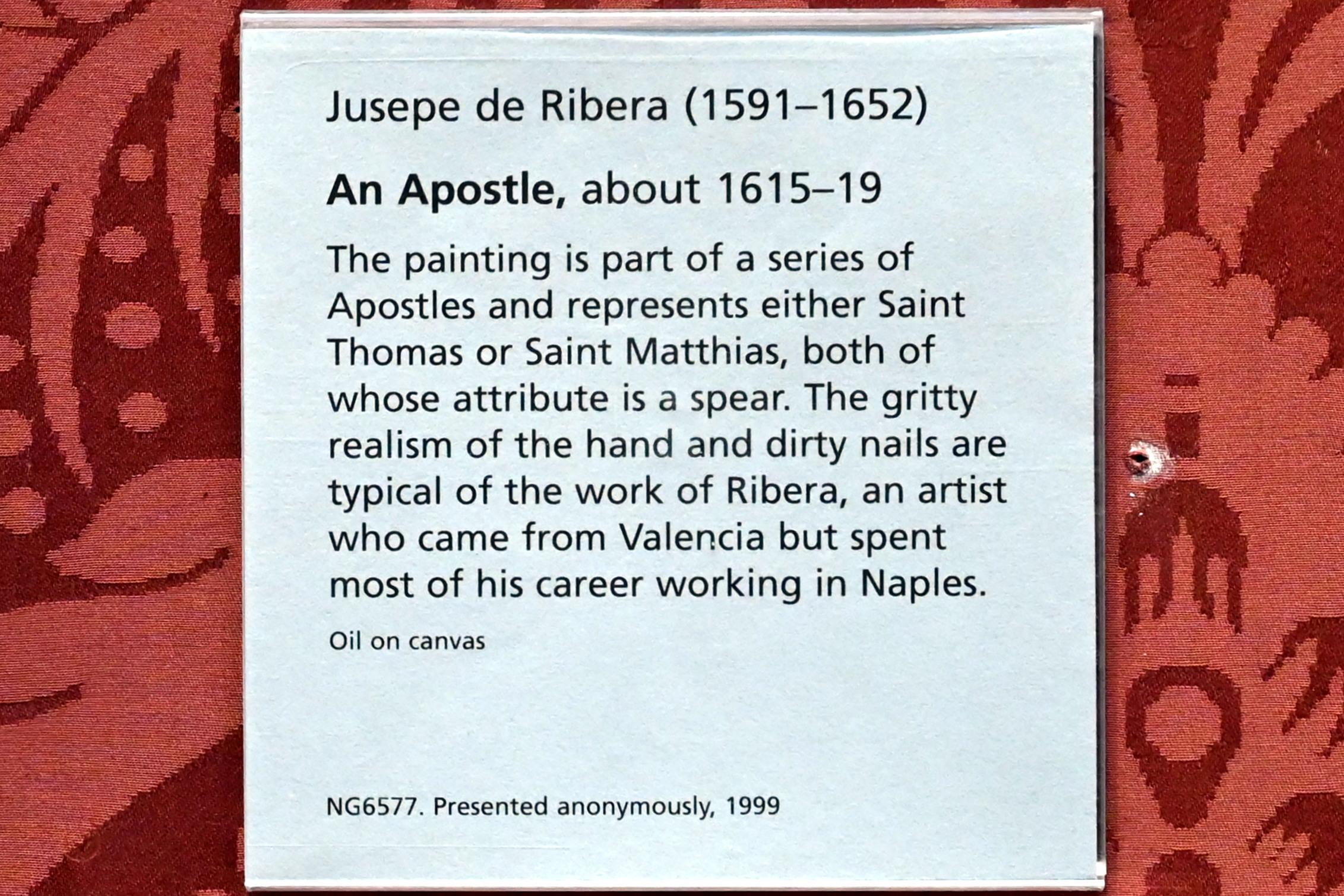 Jusepe de Ribera (1607–1650), Ein Apostel, London, National Gallery, Saal 30, um 1615–1619, Bild 2/2