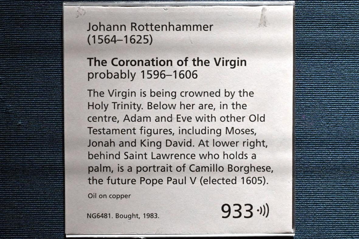 Johannes Rottenhammer der Ältere (1595–1604), Marienkrönung, London, National Gallery, Saal 17, 1596–1606, Bild 2/2