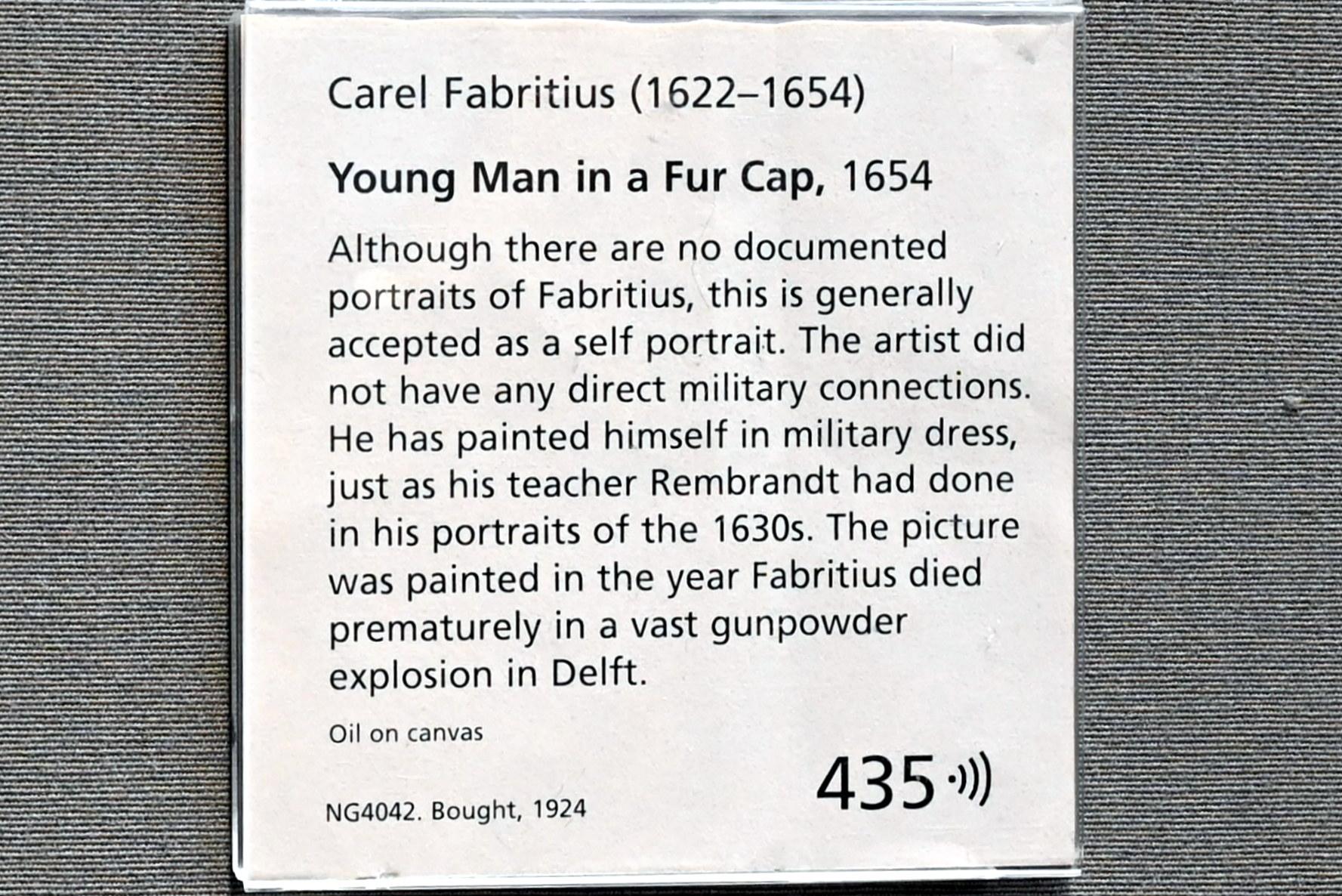 Carel Fabritius (1652–1654), Junger Mann mit Fellkappe, London, National Gallery, Saal 22, 1654, Bild 2/2