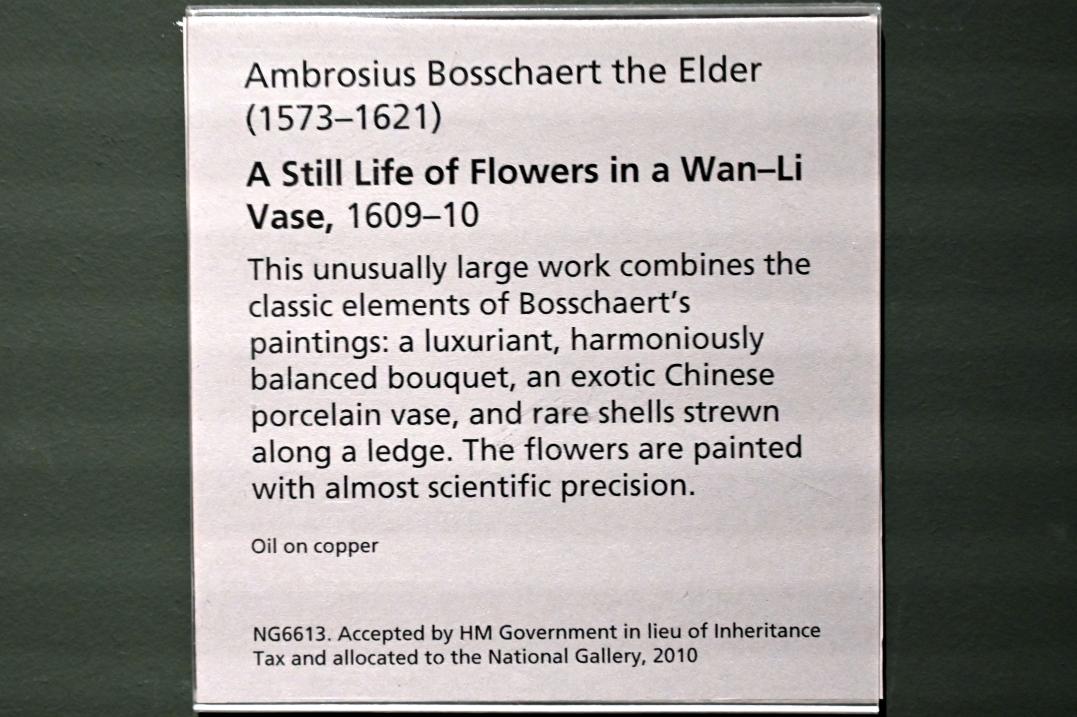 Ambrosius Bosschaert der Ältere (1609–1620), Blumen in einer Wan-Li Vase, London, National Gallery, Saal 28, 1609–1610, Bild 2/2