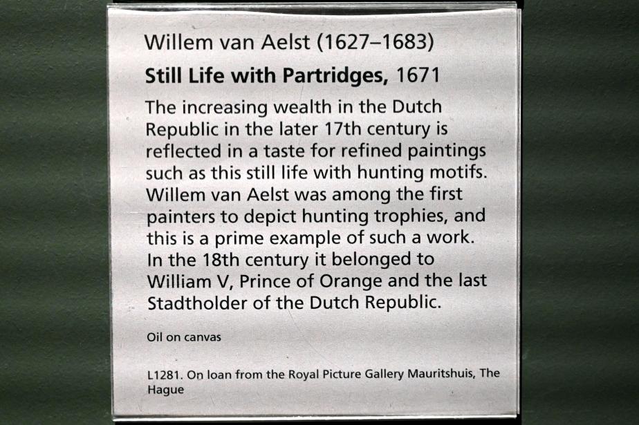 Willem van Aelst (1660–1679), Stillleben mit Rebhühner, London, National Gallery, Saal 28, 1671, Bild 2/2
