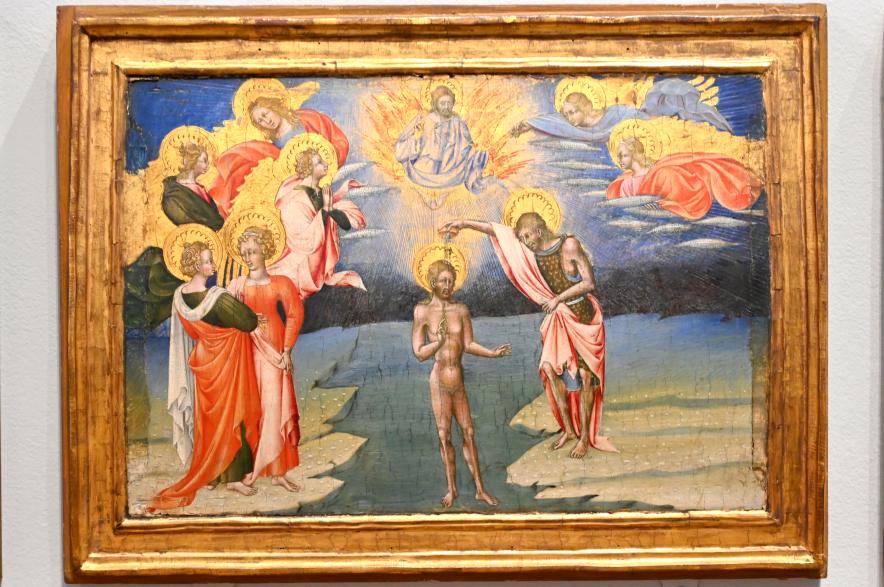 Giovanni di Paolo (1435–1475), Szene aus dem Leben Johannes' des Täufers: Taufe Christi, London, National Gallery, Saal 52, 1454
