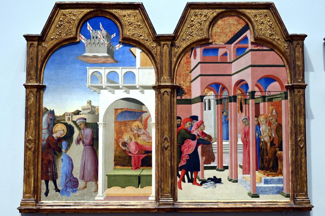 Stefano di Giovanni di Consolo (Sassetta) (1432–1444), Der heilige Franziskus und der arme Ritter, Sansepolcro, Chiesa di San Francesco, jetzt London, National Gallery, Saal 52, 1437–1444