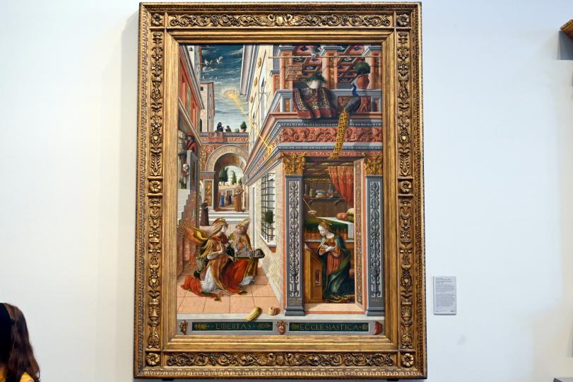 Carlo Crivelli (1472–1492), Mariä Verkündigung mit dem heiligen Emygdius, Ascoli Piceno, Chiesa della Santissima Annunziata, jetzt London, National Gallery, Saal 54, 1486, Bild 1/3