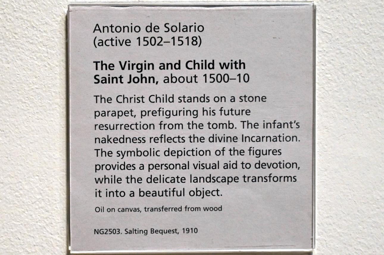Antonio Solario (lo Zingaro) (1505), Maria mit Kind und dem Johannesknaben, London, National Gallery, Saal 55, um 1500–1510, Bild 2/2