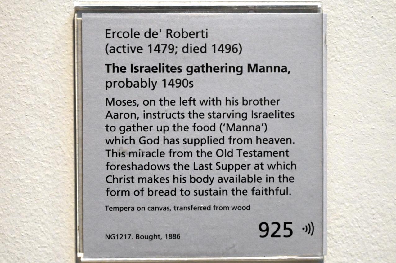 Ercole de’ Roberti (1473–1496), Mannalese, London, National Gallery, Saal 57, um 1490–1500, Bild 2/2