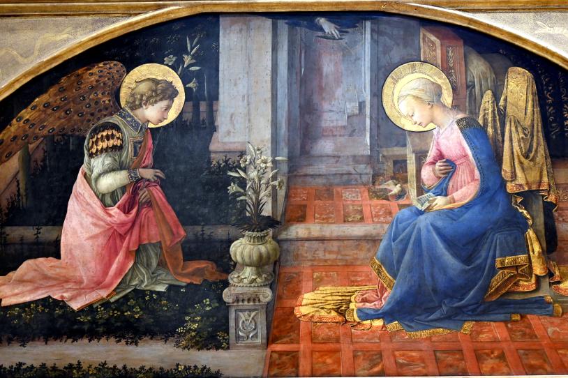 Fra Filippo Lippi (1426–1462), Mariä Verkündigung, Florenz, Palazzo Medici Riccardi, jetzt London, National Gallery, Saal 59, um 1450–1453, Bild 2/3