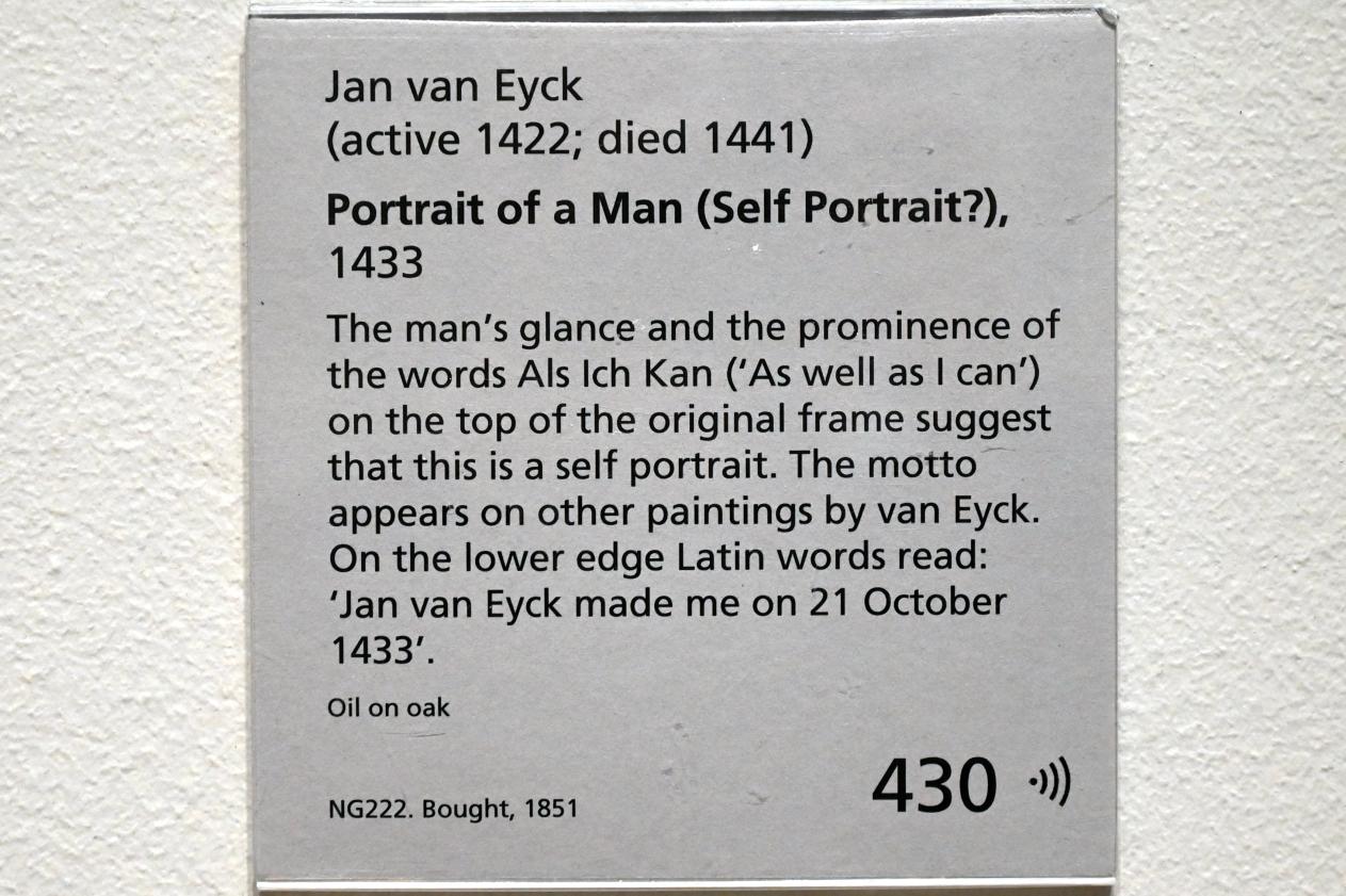 Jan van Eyck (1430–1441), Porträt eines Mannes (Selbstporträt?), London, National Gallery, Saal 63, 1433, Bild 2/2