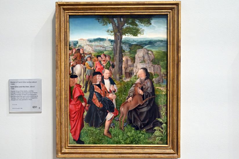 Meister des Saint Gilles (Meister des heiligen Ägidius) (1500), Der heilige Ägidius mit der Hirschkuh, London, National Gallery, Saal 64, um 1500, Bild 1/2