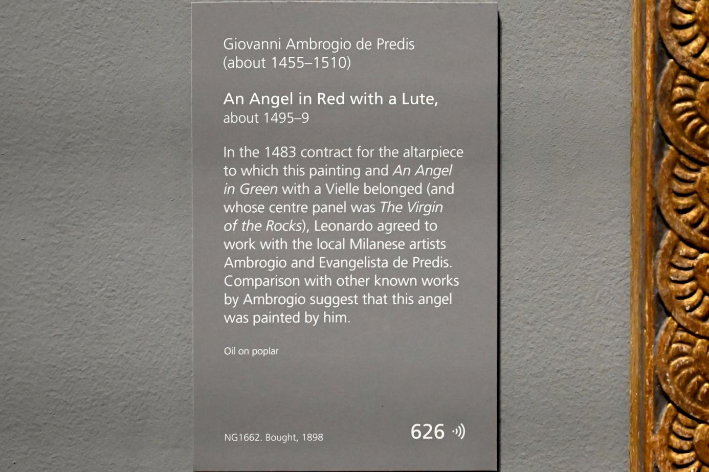Ambrogio de Predis (1497–1502), Engel in Rot mit Laute, London, National Gallery, Saal 66, um 1495–1499, Bild 2/2